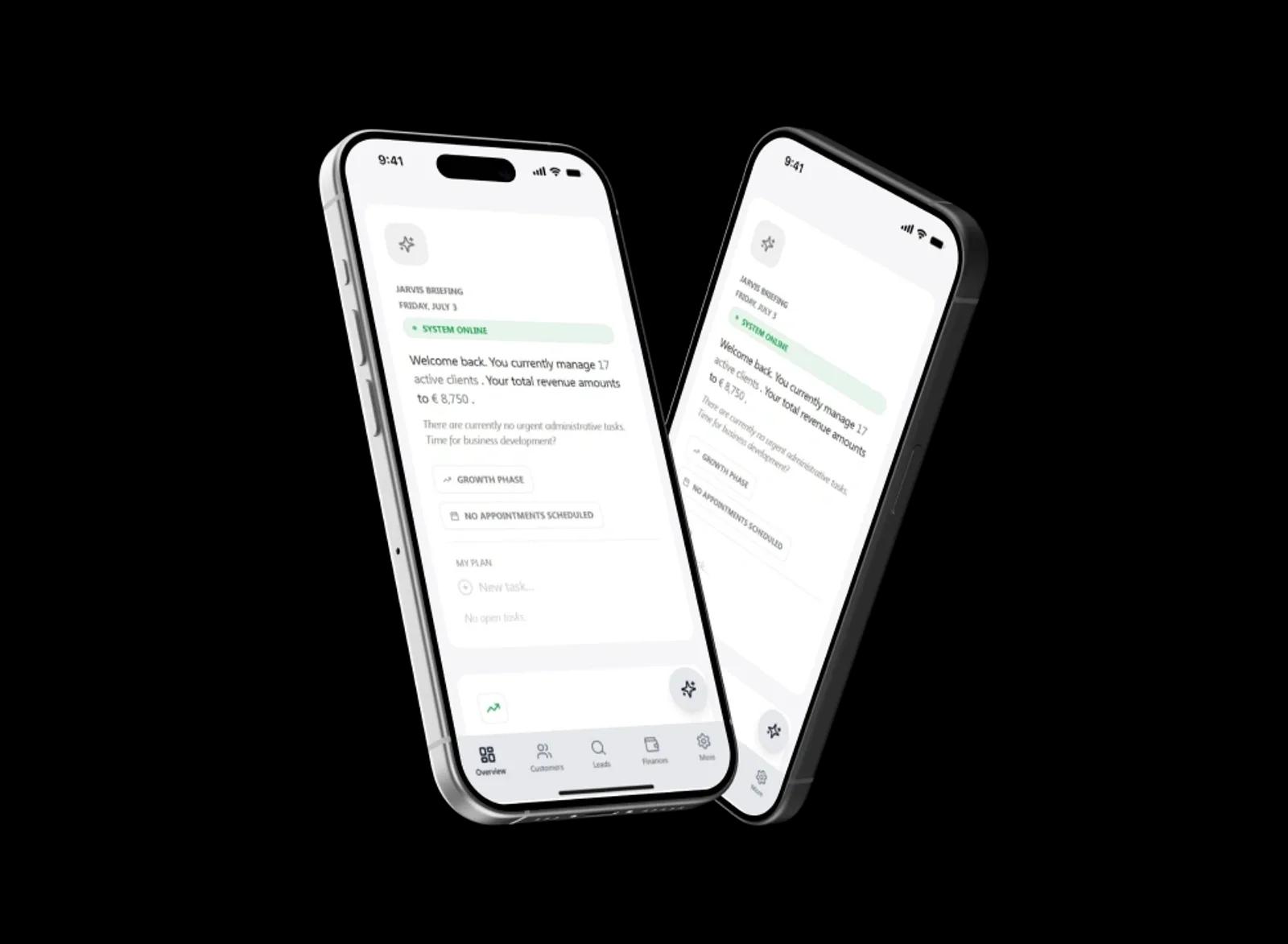 JARVIS business OS shown on two phones: client briefing dashboard with revenue and a lead finder screen