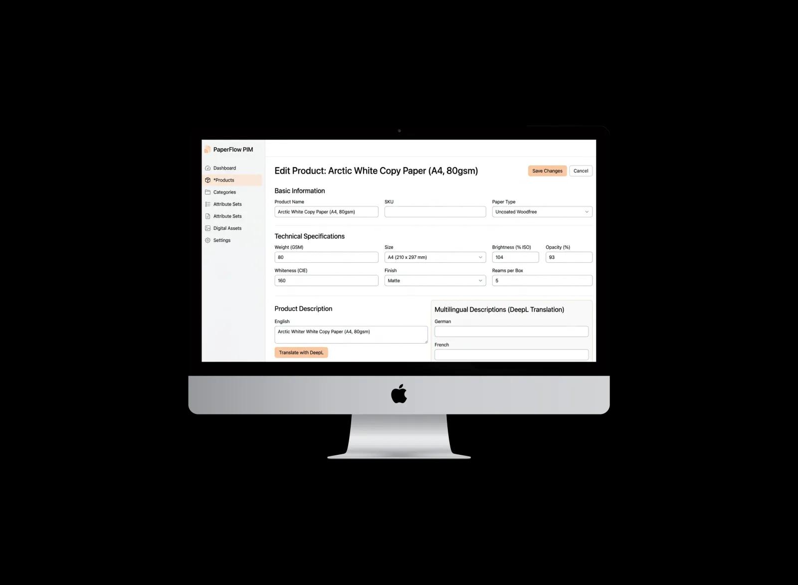 Browser-based PIM system: product data edited live in the browser, with DeepL translation built in