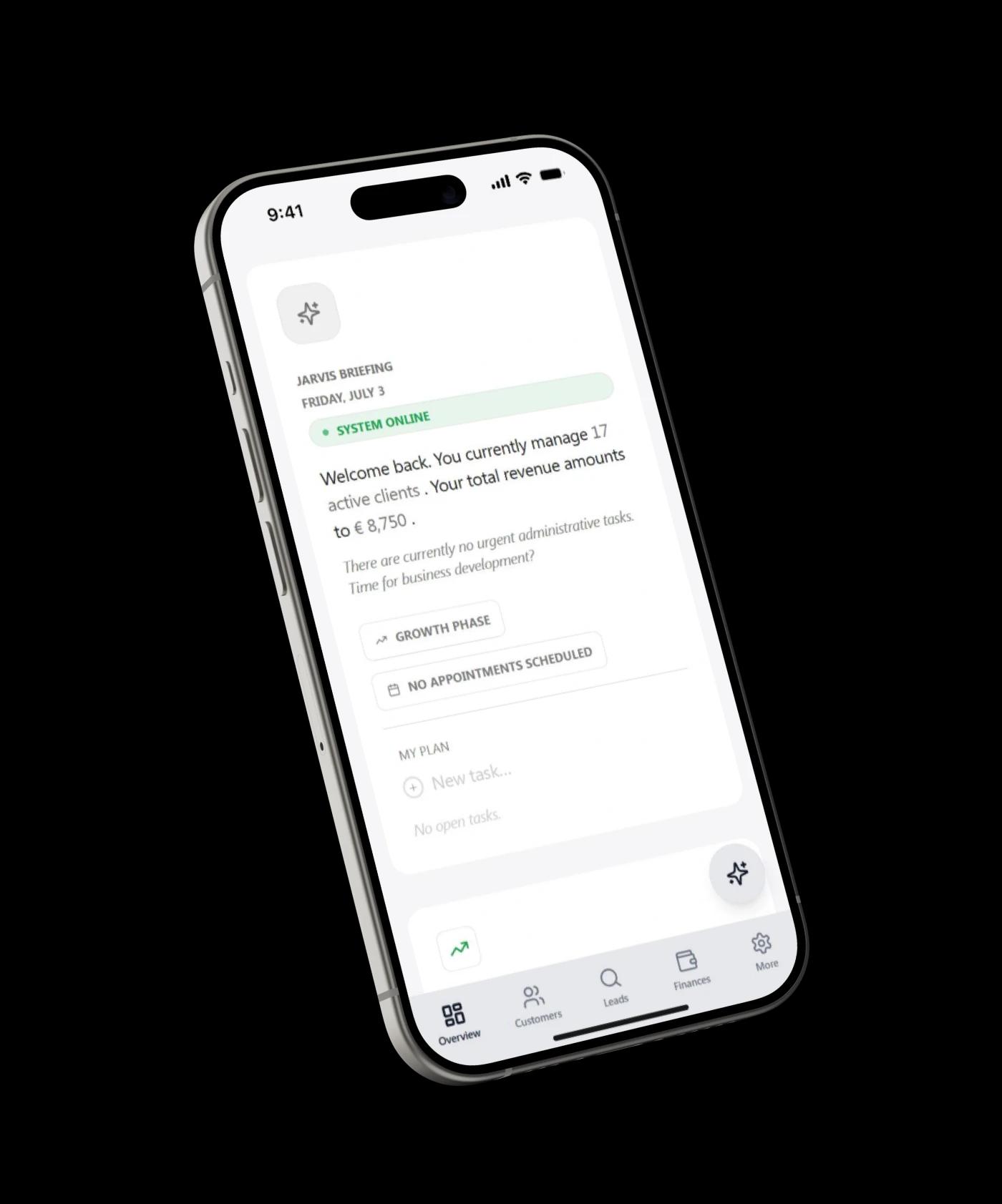 JARVIS business OS on a phone: client briefing with revenue, active clients and the daily plan